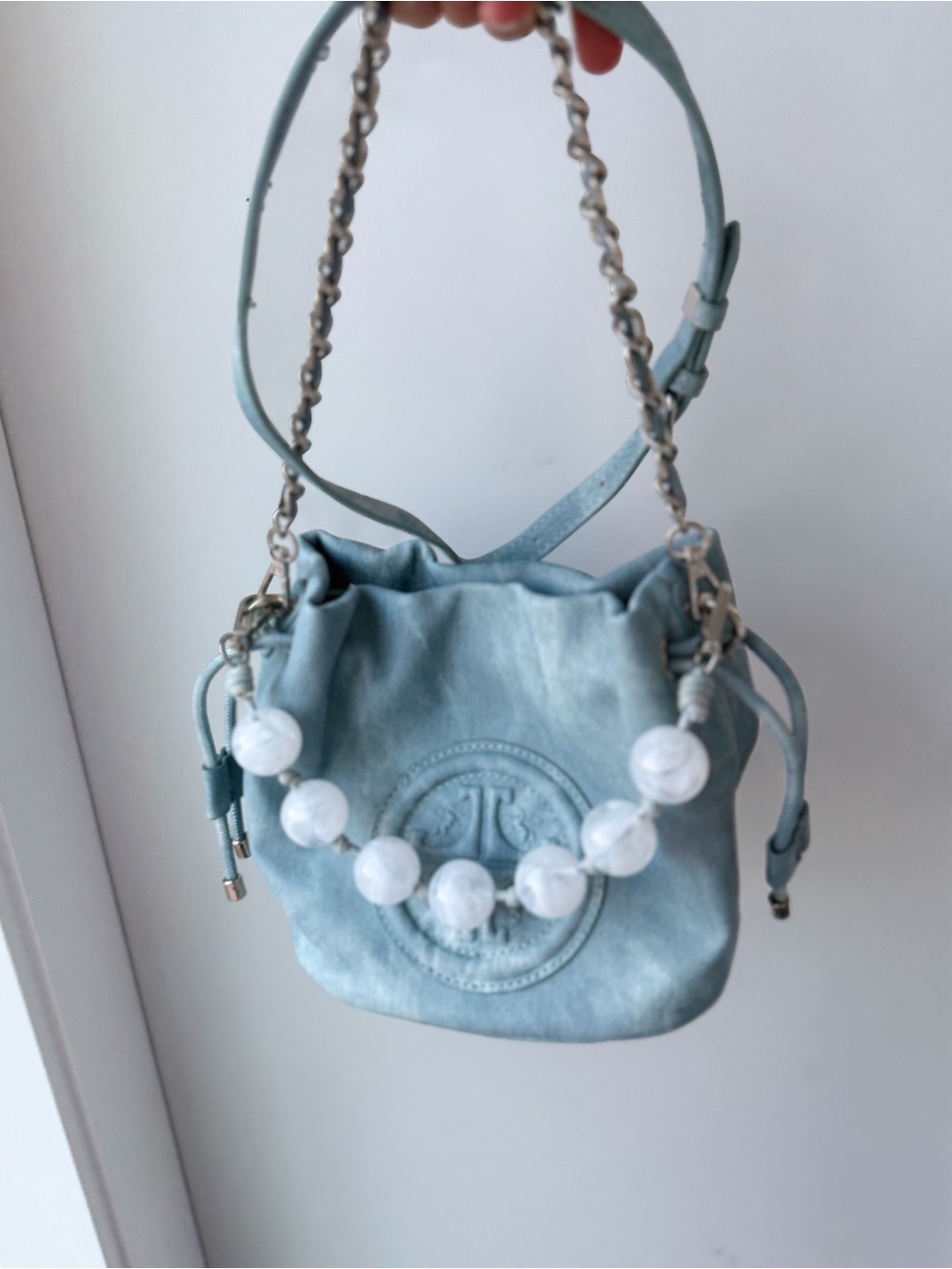 Light Blue Mini Drawstring Bucket Bag with Pearl-Style Handle - Picture 2 of 10